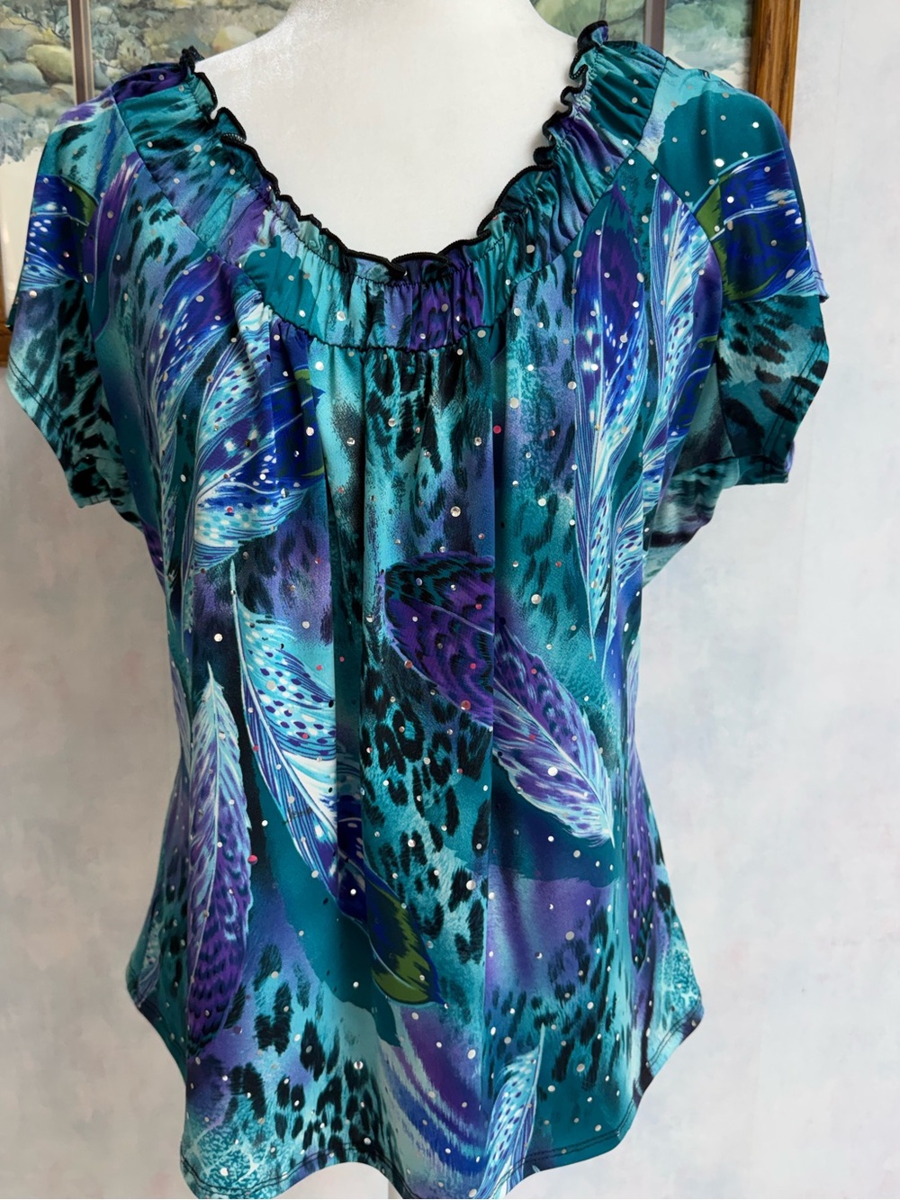 Dress Barn Liquid Knit Peasant Blouse with Shiny Speckles, Teal Blues  & Purples